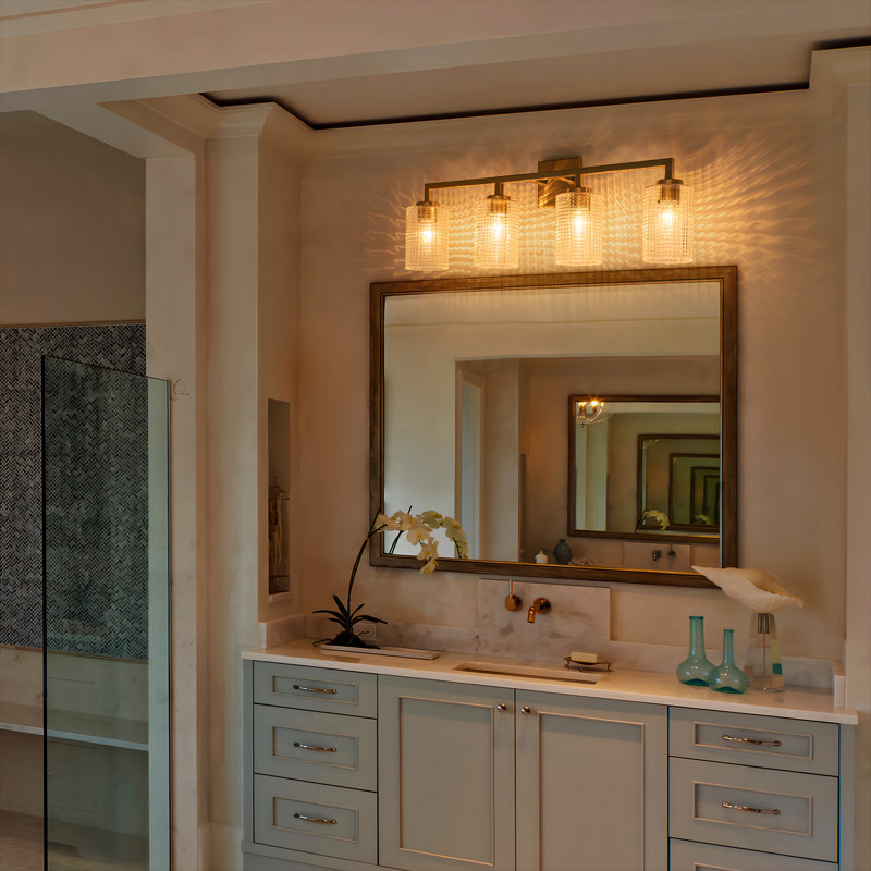 Applique murale linéaire pour salle de bain avec abat-jour cylindrique en verre à grille, Doré, Quatre lumières