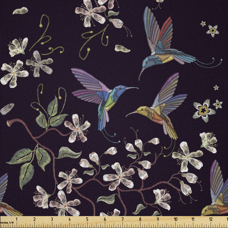Dalma Flappy Broad-Tailed Hummingbirds Flying around Cherry Blossom Trees Fabric