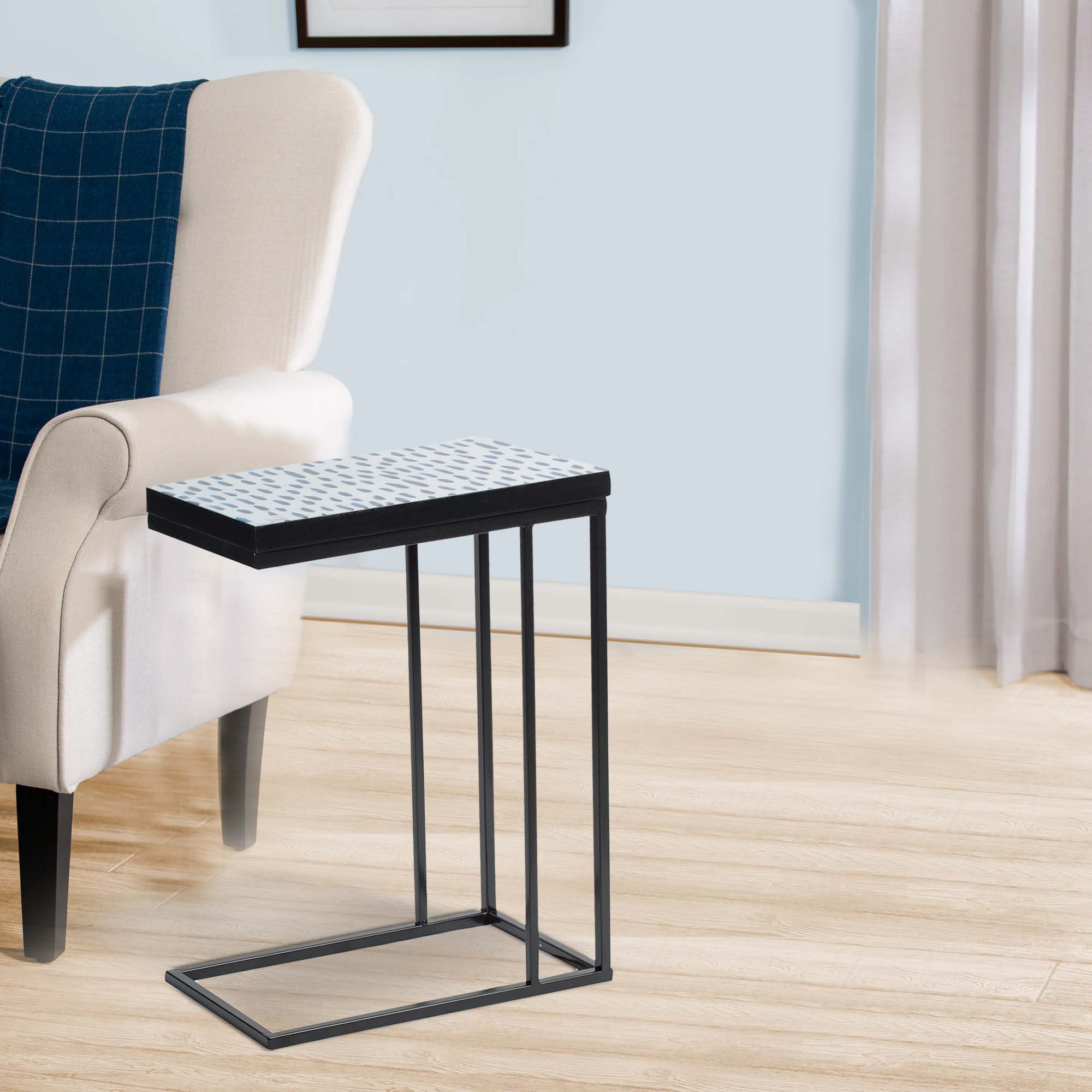 Latitude Run® 24 Inch End Side Table, Blue Patterned Top, C Shape Open ...