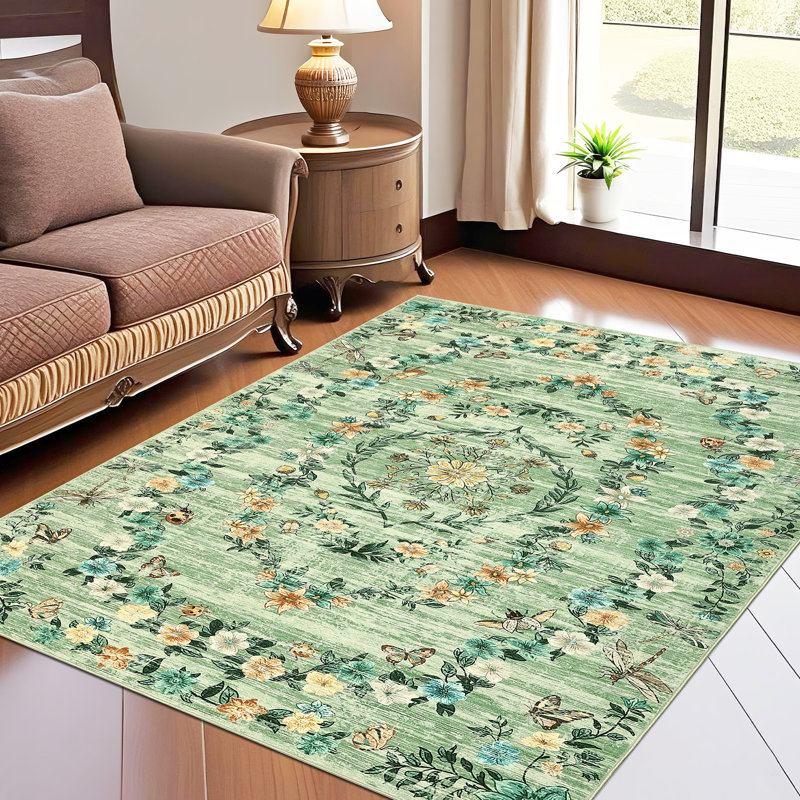 Washable 5x7 Area Rug for Living Room Modern Floral Bedroom Rug Stain Resistant Non-Slip Dining Room Throw Carpet Boho Carpet for Entry Playroom Green