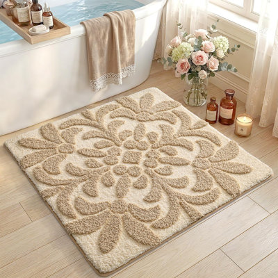 31x31 inch square floral bathroom carpet, non slip washable absorbent soft ultra-fine fiber bath mat, shower floor, sink, beige
