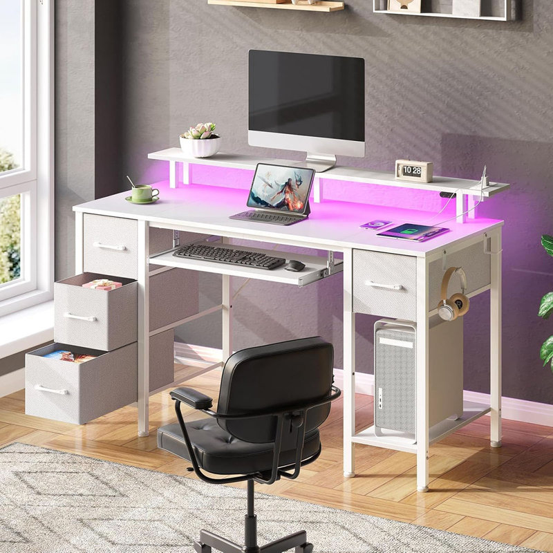 Computer Desk With LED Lights & Power Outlets, Home Office Desk With 4 Drawers, Writing Desk With Keyboard Tray, Study De Sk With Monitor Stand, Work For Home Office