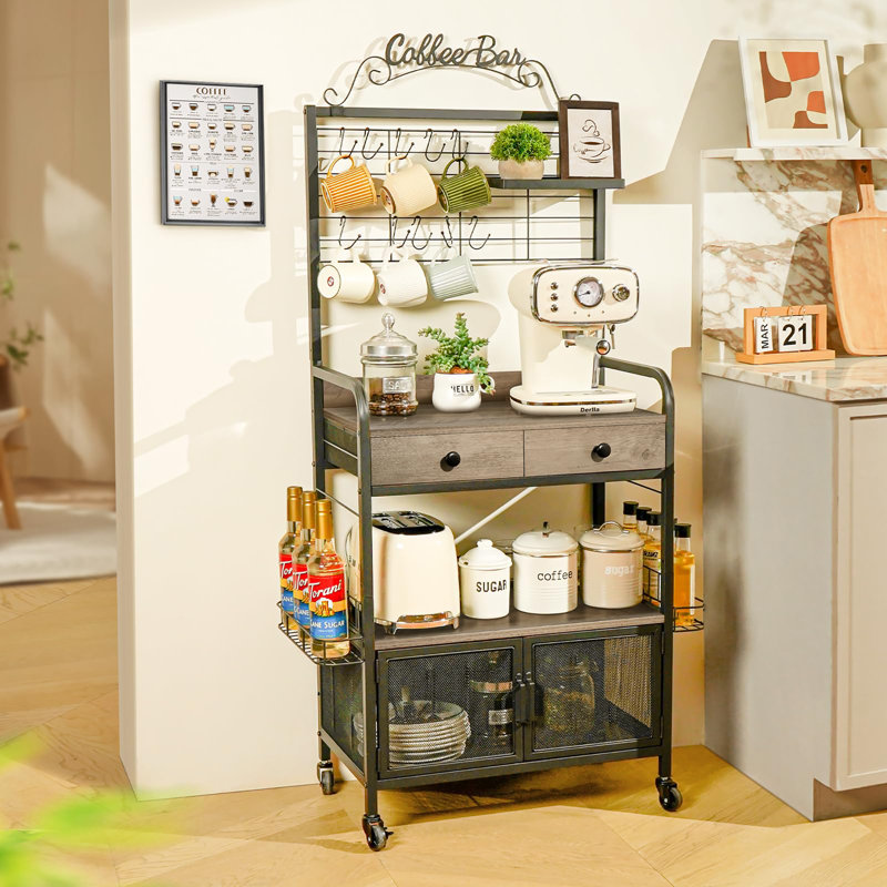 Coffee Station with Coffee Bar Sign and Mug Hook, Grey Oak/Black