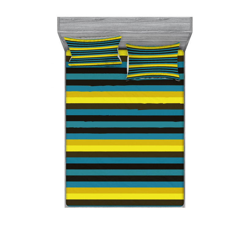Microfiber Abstract Sheet Set, Queen Sheet Set with Fitted Sheet, Striped, Teal/Yellow