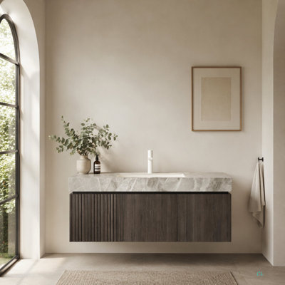 Meuble-lavabo de salle de bain 48 po MURI, armoire de rangement en contreplaqué flottant avec tiroir et portes, plateau en pierre frittée et lavabo en céramique avec 1 trou de robinet pré-percé, pré-assemblé