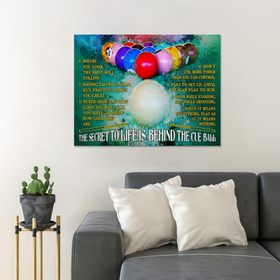 Boules de billard sur fond vert - Le secret de la vie est derrière la queue de billard - Reproduction d'art graphique rectangulaire sur toile tendue 1 pièce
