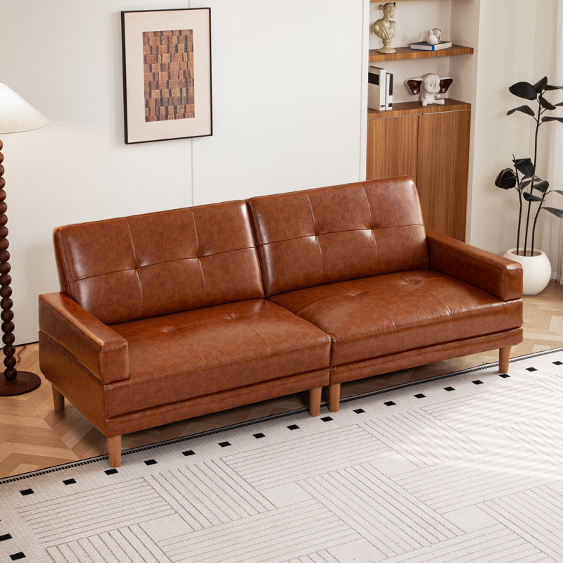 Analycia Mid Century Modern Tufted Leather Couch With Square Arms, Brown Deep Seat 3-Seater Sectional Sofa For Living Room, Apartment, Office