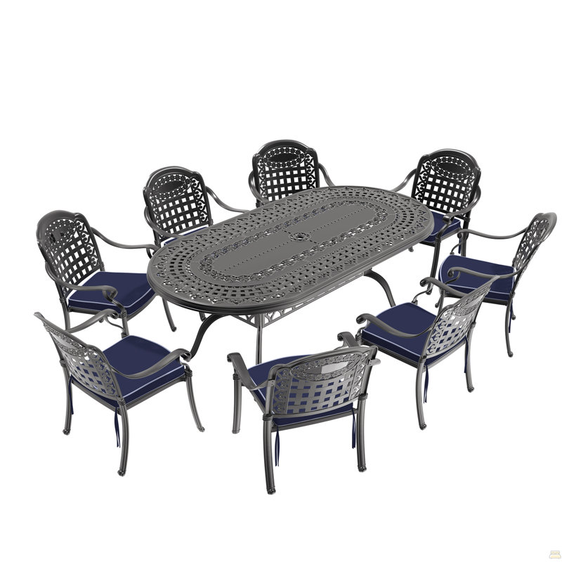9-Piece Set Of Cast Aluminum Patio Furniture, 9 Pieces: Table, 8 Chairs, Blue
