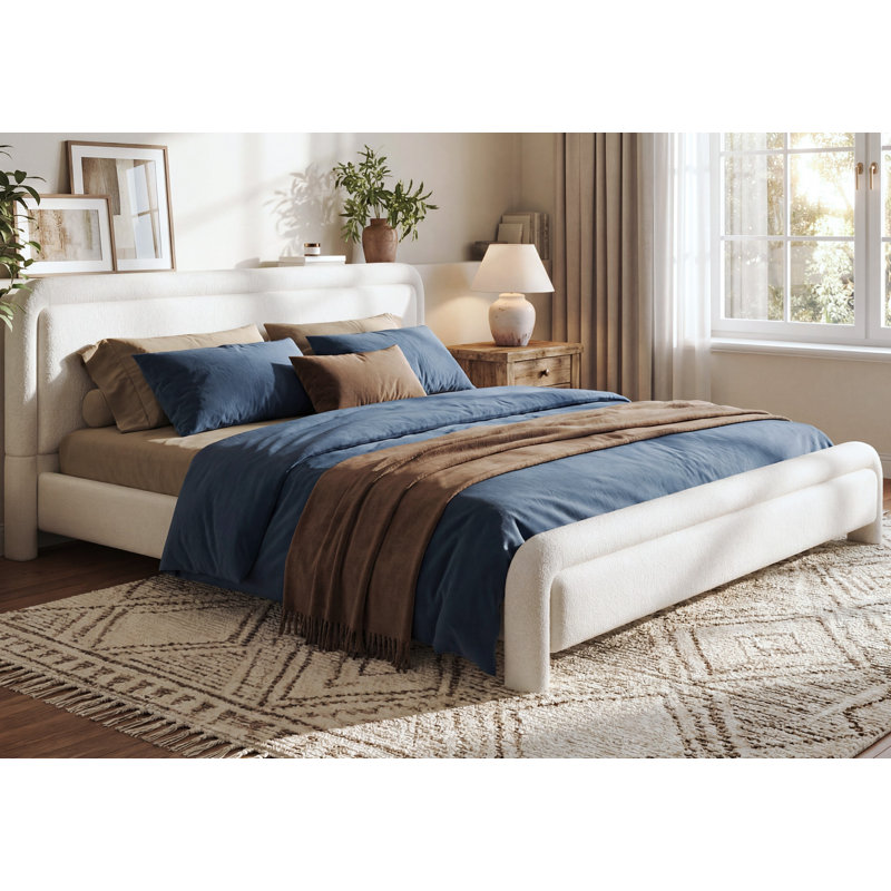 Très grande base de lit tapissier avec tête de lit courbée, lit en tissu Boucle moderne avec support en lattes de bois, aucun sommier requis, assemblage facile