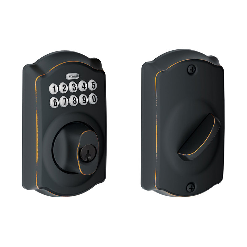 Schlage Keypad Deadbolt with Camelot Trim, Aged Bronze, Yes