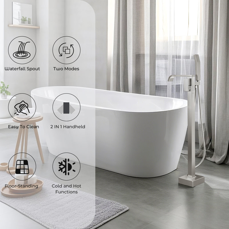 Free Standing Tub Faucet Floor Mount Tub Filler Bathroom Faucet Single Handle with Hand Shower, Brushed Nickel