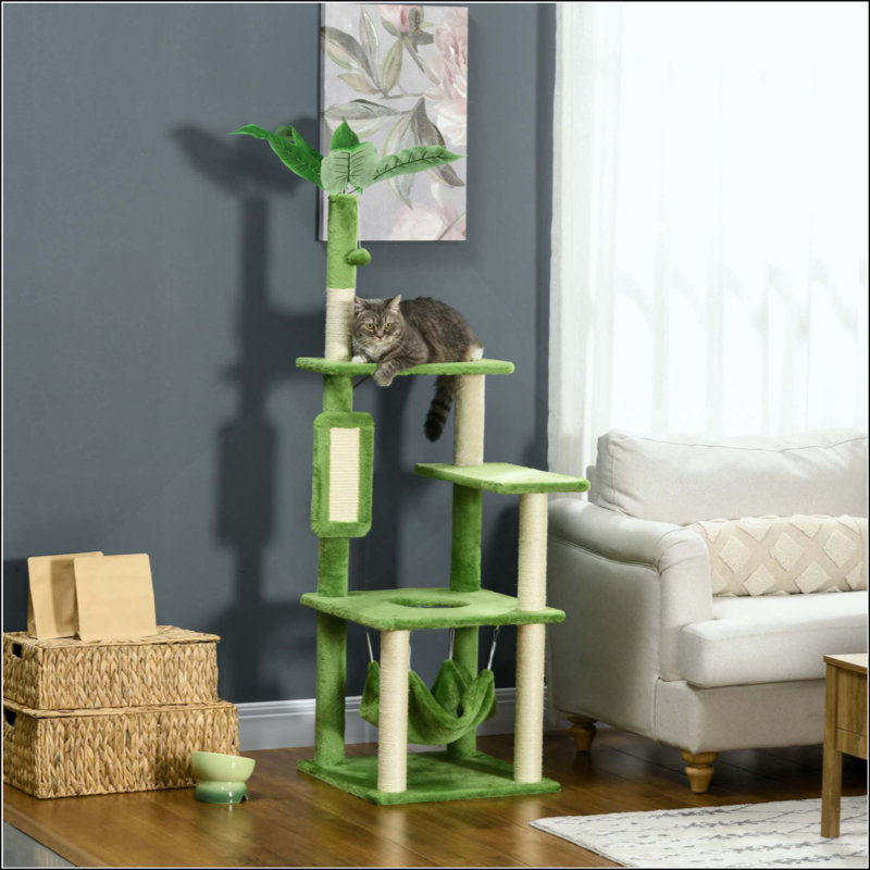 Arbre à chat d'intérieur 56 ". Livré avec, grattoir, plateformes, jeu, basculement. Protège vos objets de valeur. Matériau confortable. Arbre de plaisance à assemblage solide., Revendique des propriétés de conservation. Tissu
