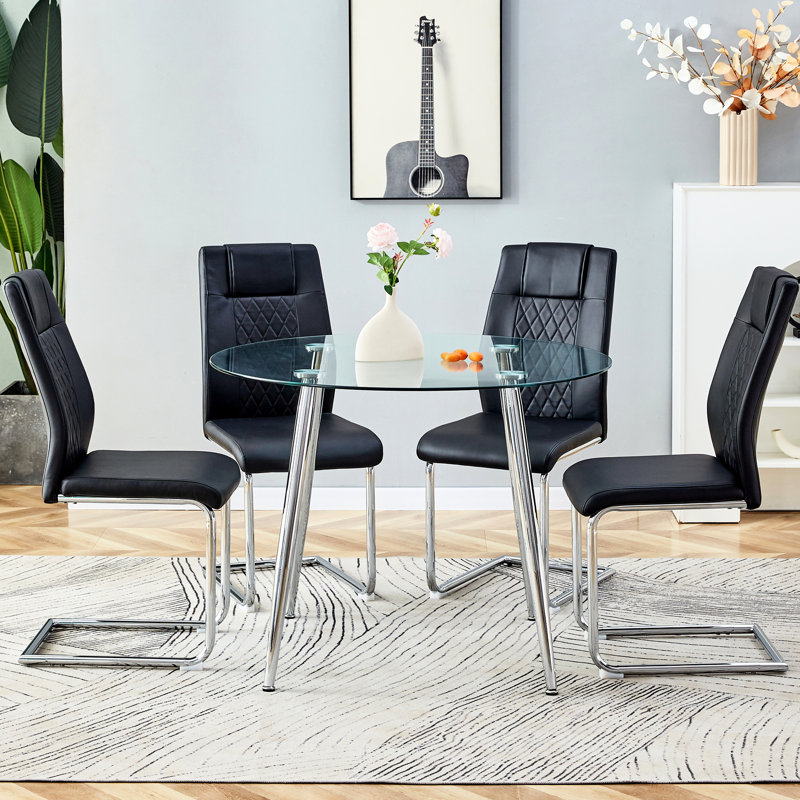 Table de salle à manger en verre transparent avec 38,6 po de diamètre et pieds en métal argenté, paire de 4 chaises en polyuréthane noir - grille de protection antidérapante ronde
