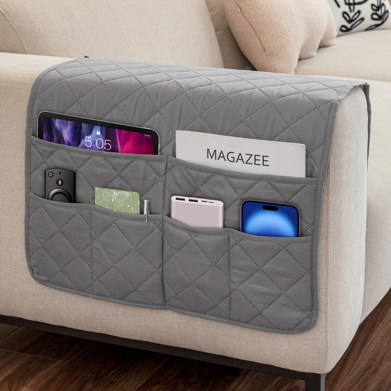 Organisateur d'accoudoirs gris antidérapant pour fauteuil, support de télécommande inclinable avec 6 poches, range-revues, tablettes, téléphones et iPad, table de chevet