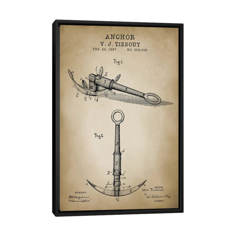« nautique, ancrage », impression sur toile, H 26 po x l 18 po x P 1,5 po, Toile avec cadre noir, Pas de tapis