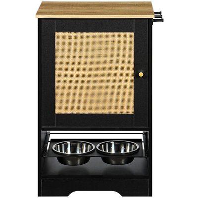 Station d'alimentation pour animaux avec tiroir caché - 2 bols surélevés, noir, bols sécuritaires et 1 armoire de rangement, conception moderne