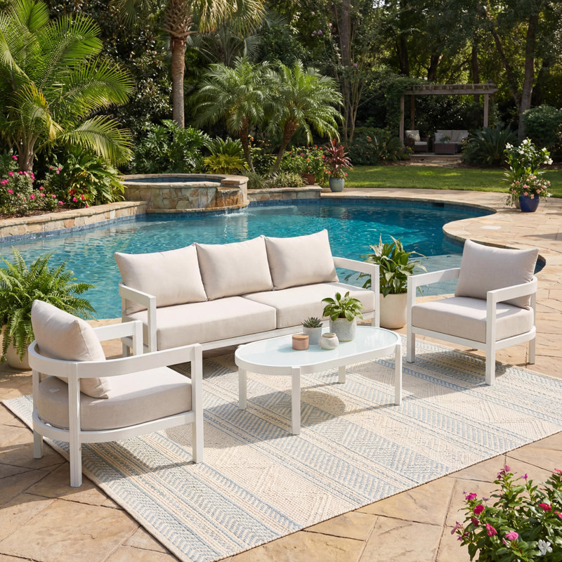 Contour Outdoor 4-Piece Aluminum Conversation Set With Tempered Glass Top & Cushions,  4 Pcs: Table, Sofa, 2 Chairs