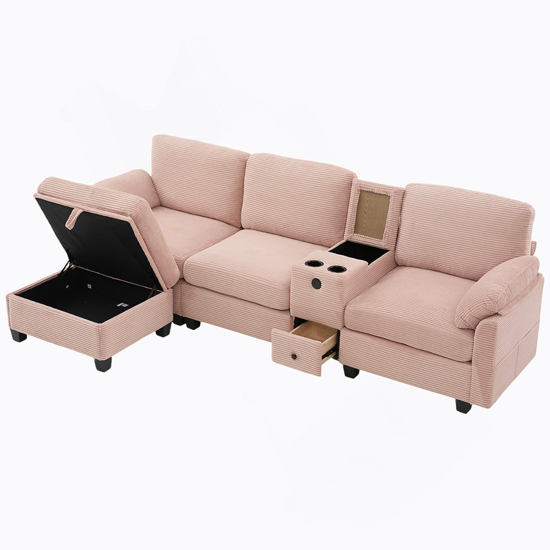 Canapé en velours côtelé L-Type avec design segmenté 4 places, porte-gobelet, port USB, boîte de rangement, console mobile et repose-pieds