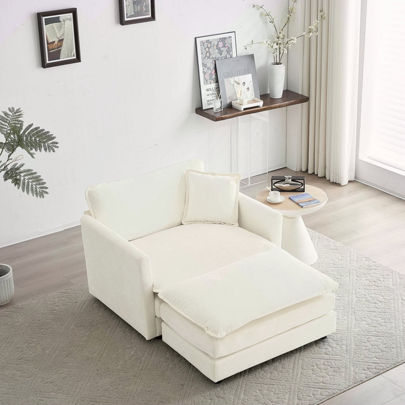Fauteuil d'appoint moderne avec repose-pieds, fauteuil club en chenille, fauteuil de lecture pour chambre à coucher, Blanc