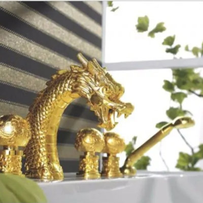 Luxury 5-Piece Dragon Gold Widespread Waterfall Bathtub Faucet – Elegant & Vintage-Inspired Design