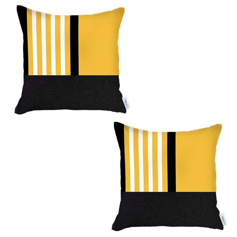 Ensemble de 2 housses de coussins centraux, Jaune / noir géométrique