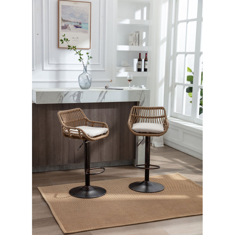 Modern Swivel Bar Stools Set Of 2 Adjustable Counter Height Chairs With Footrest For Kitchen, Dining Room, Beige
