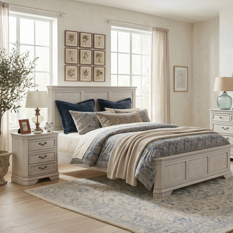 Ensemble de chambre à coucher Cressa 4 pièces, Blanc antique, 4 Pcs: Bed, Dresser, Mirror, Nightstand, Très grand