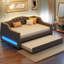 Full XL Upholstered Daybed with LED Light Strip and Pull-Out Trundle, Linen Platform Frame with Backrest-728717947