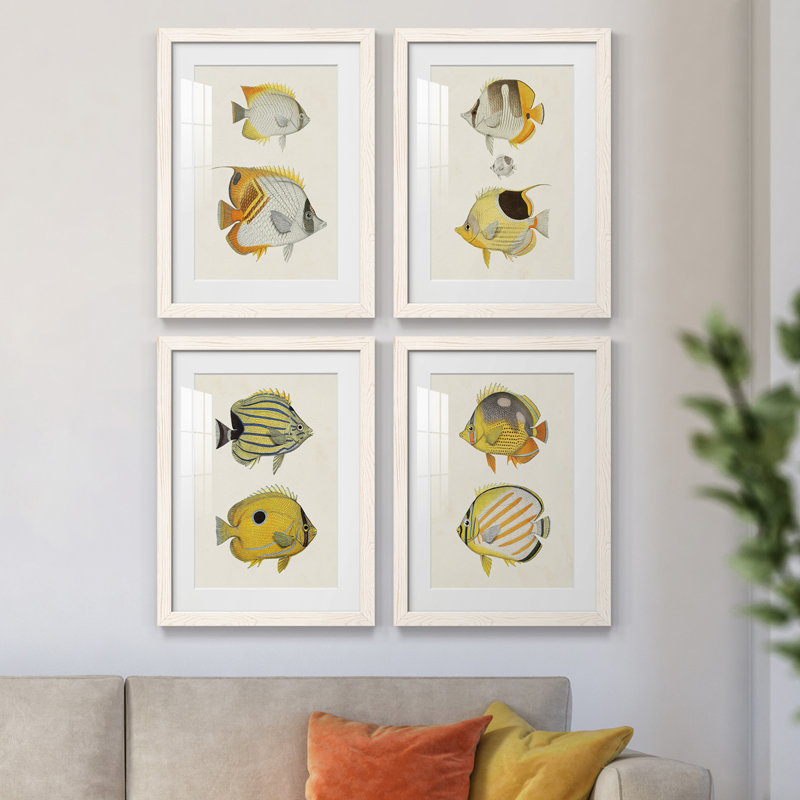 «Yellow & Gray Fish I», ensemble de 4 reproductions de cadres photo, Blanc, H 20 po x l 68 po x P 1,5 po