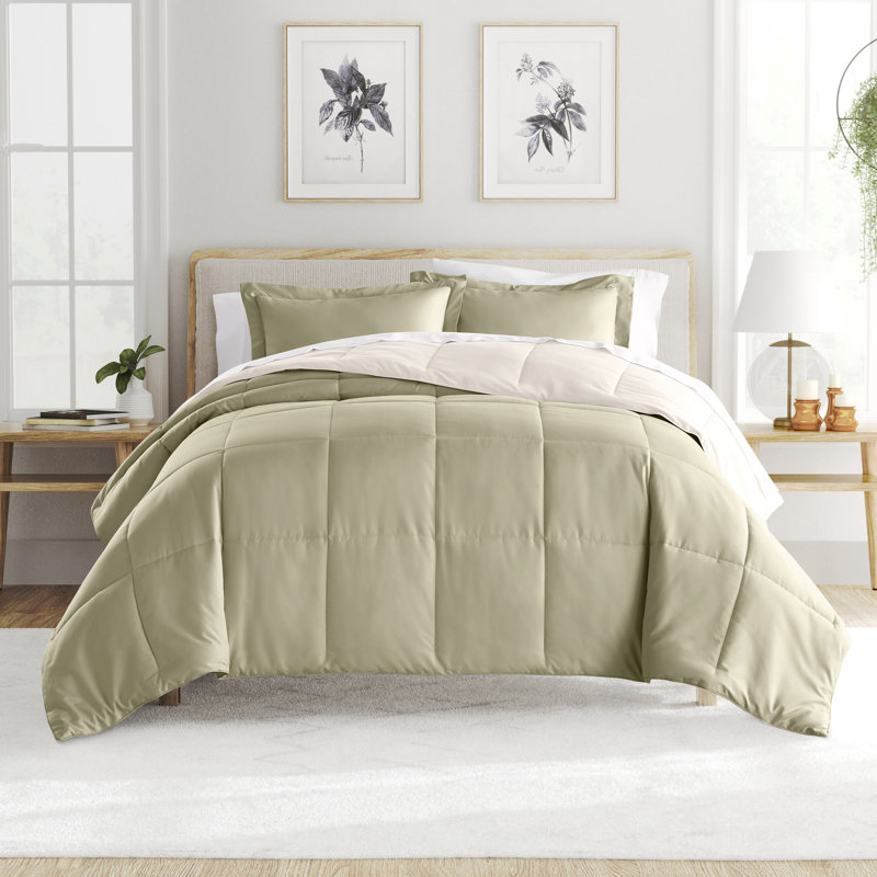 Reversible Down-Alternative Comforter Bedding Set, Full/Queen Comforter + 2 Shams, Sage