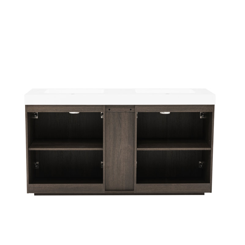 Meuble-lavabo autoportant en chêne fumé Galan60f, lavabos doubles, surface lisse, lattes de bois élégantes et système de rangement intelligent en chêne, lattes, configuration