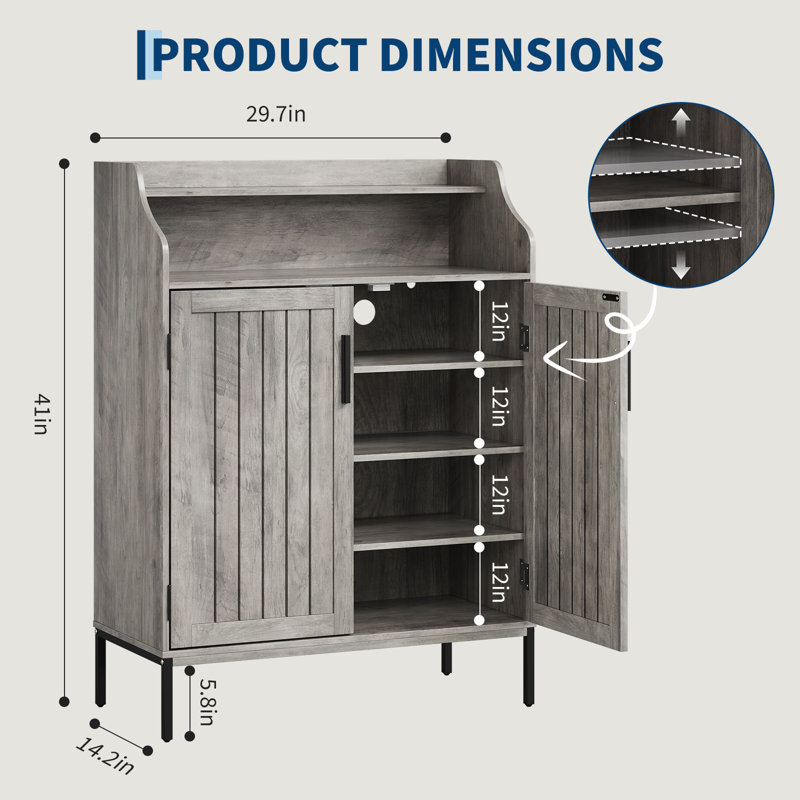 Armoire de rangement à chaussures en bois à 4 niveaux avec portes, 3 tablettes réglables, conception autoportante