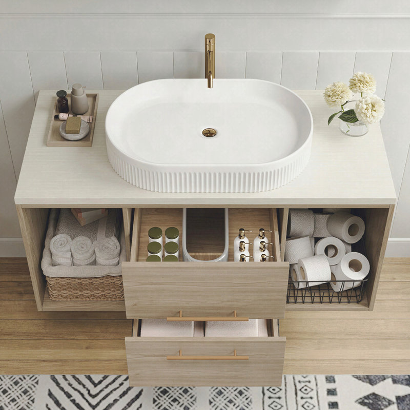 Meuble-lavabo flottant moderne de 38,2 po: armoire en bois, lavabo en céramique, tiroirs et tablette à fermeture en douceur