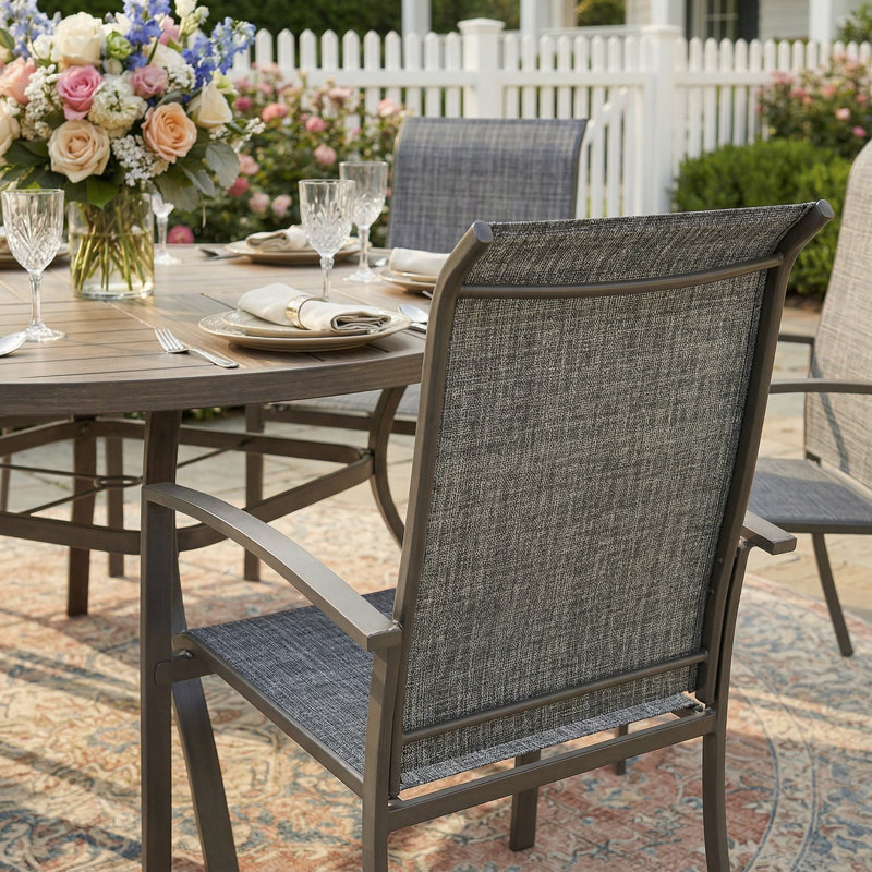 6-Person Round Patio Dining Set With Stackable Textilene Chairs, Brush Wood Gray/Black