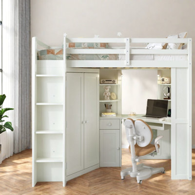 Lit gain de place beige et blanc avec armoire en bois, bureau et design moderne