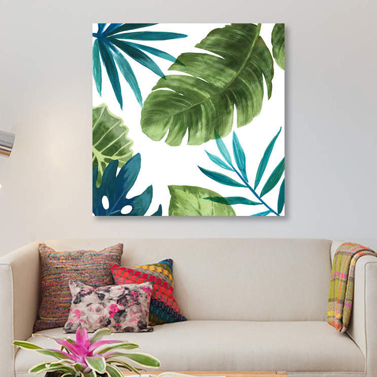 « tropical leaves ii », impression sur toile, H 26 po x l 26 po x p 1,5 po, Pas de tapis, Toile tendue