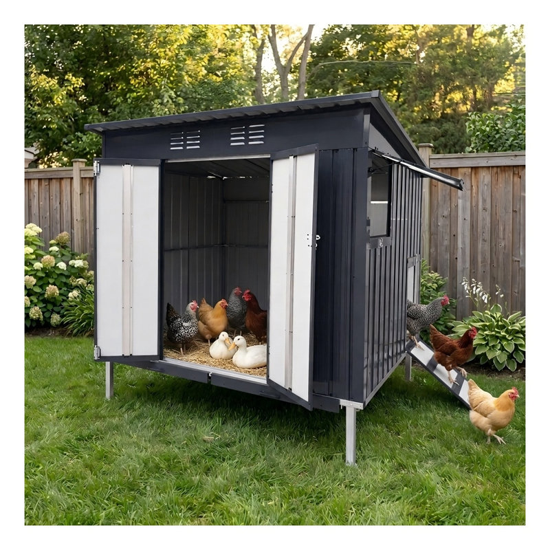 Outdoor Galvanized Metal Chicken Coop with Pull-Out Waste Tray, Elevated Poultry Hen House