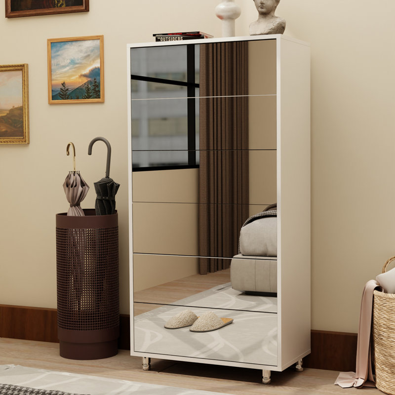 Mirror Shoe Cabinet With 6 Flip Drawers and 4 Metal Legs