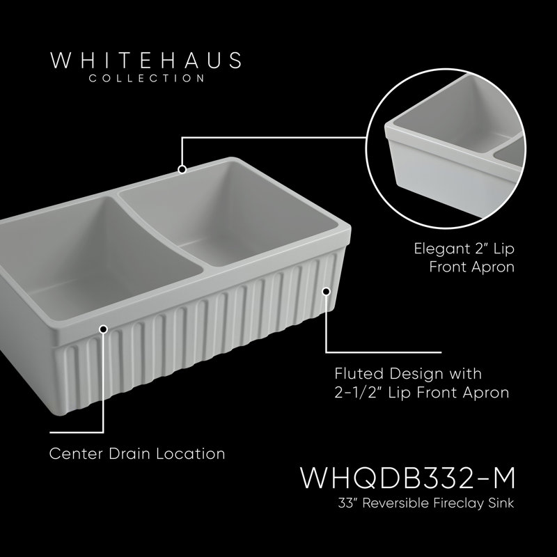 FarmhausQuatro 33" x 20" Double Bowl Front Apron Fireclay Sink, Matte Light Cement