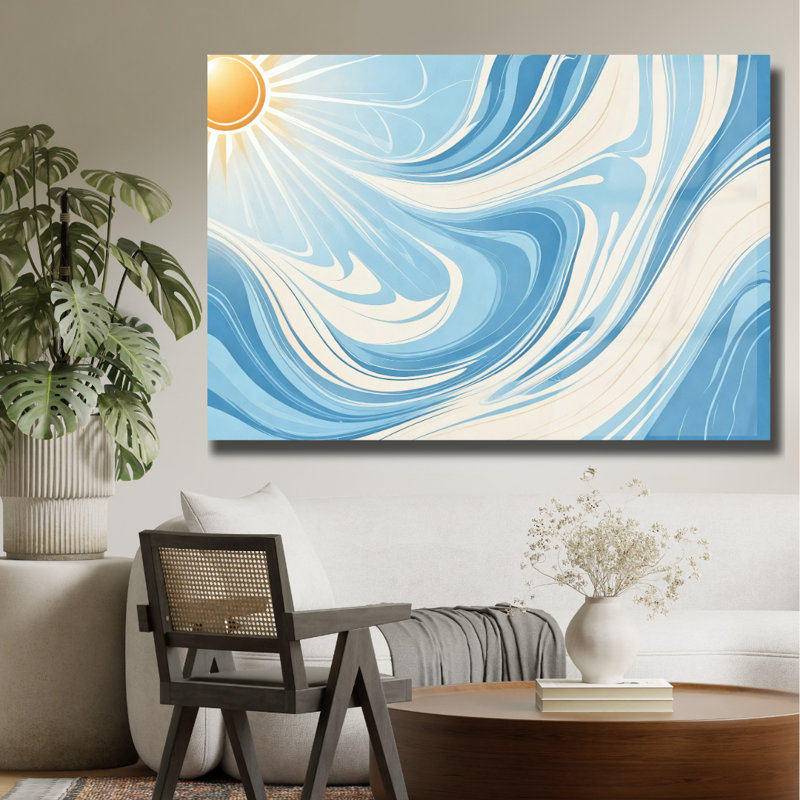 Abstrait art mural en verre trempé soleil bleu et blanc, H 24 po x l 36 po