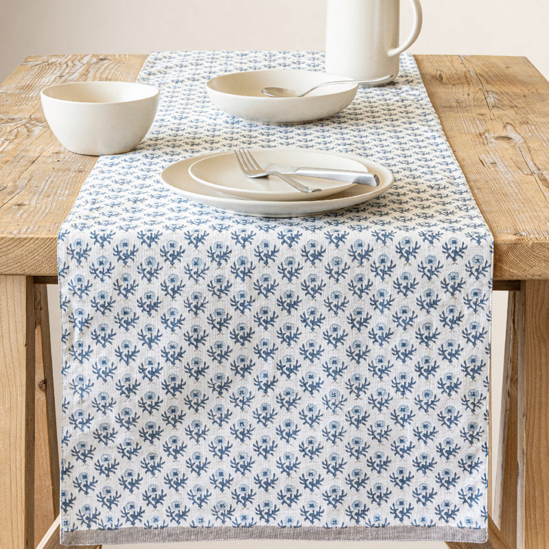 over&back Hand-Blocked Printed Cotton Table Runner, 18" W x 90" L, Blue Bloom