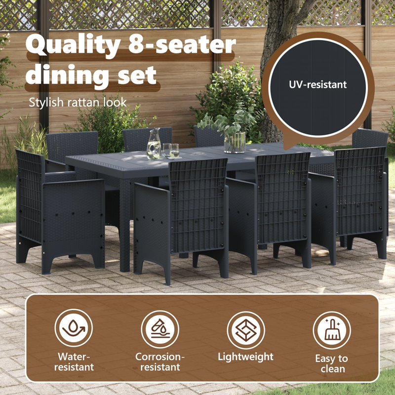 9 Piece Garden Dining Set Poly Rattan, Anthracite, 73cm H x 200cm W x 100cm D