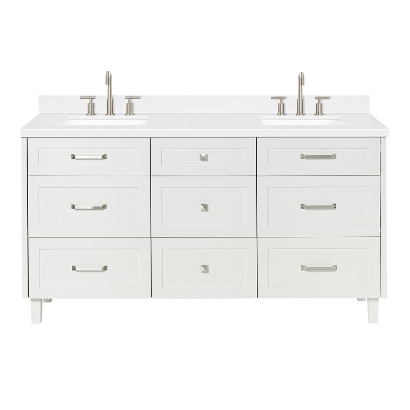 Ariel Monroe 66 Inch Double Rectangular Sink Bathroom Vanity With Carrara White Quartz Countertop, White