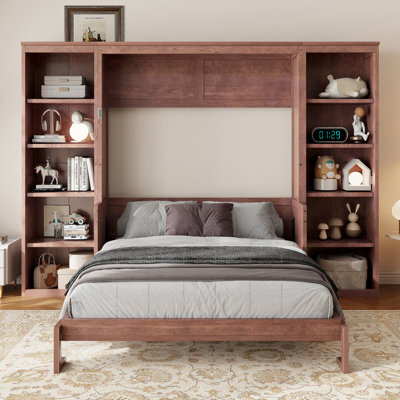 Queen Size Murphy Bed with Built-in Desk & Bookshelf, Space-Saving Dark Brown Wall Bed by Hokku Designs