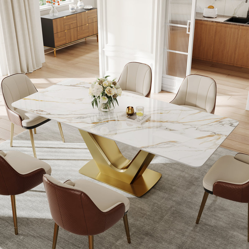 Table de salle à manger rectangulaire de 71 po pour 6 personnes, table de cuisine de luxe avec plateau en pierre frittée brillante Randahl