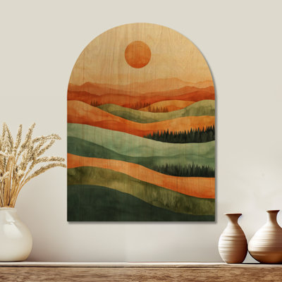 Sunset Over Rolling Hills II - Mountain Landscape Arched Wood Wall Decor