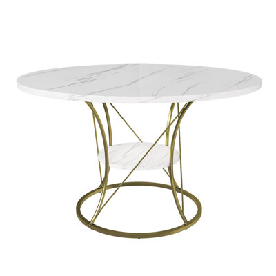 43 inch Round Extendable Dining Table for 4-6, Farmhouse Kitchen Table with Storage Shelf & Gold Metal Base, Marble Veneer Table from 43 to 59 inch, Large Round Table for Home (No Chairs)