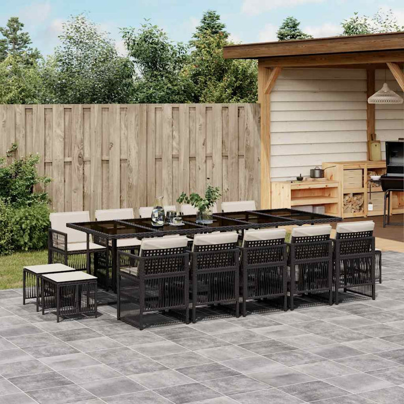 15 Piece Garden Dining Set with Cushions Poly Rattan, 15 Pieces: Table, 4 Stools, 10 Chairs, Cream White, Black
