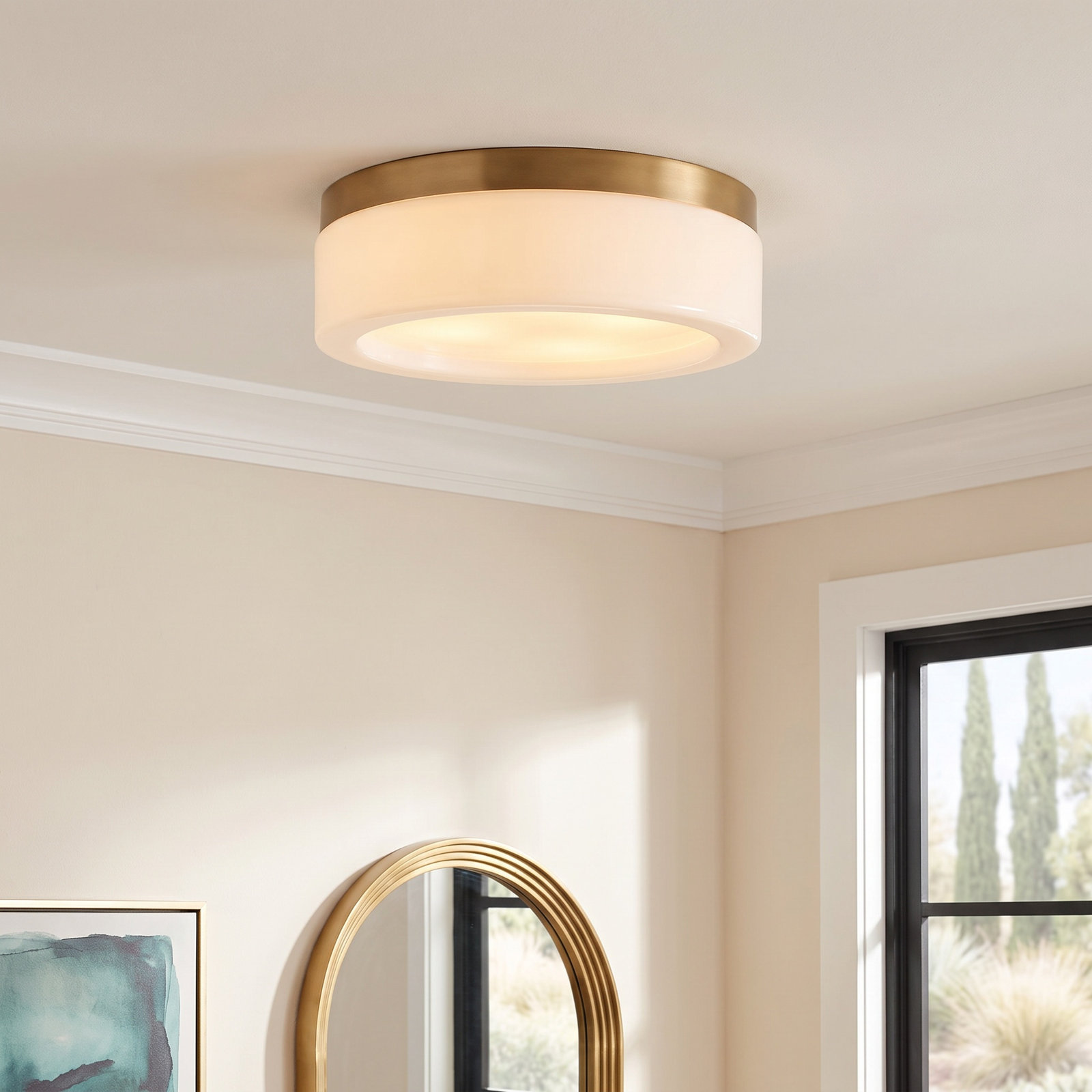 Helmes Single Light Flush Mount, Satin Brass