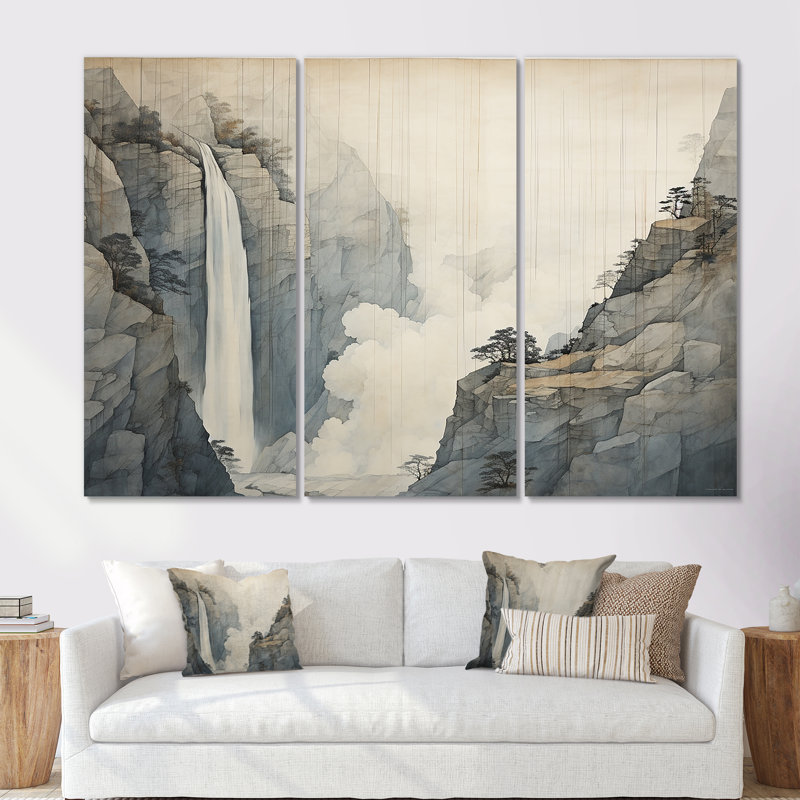 Beige et gris Simple Cliff Waterfall I - Ensemble de décoration murale cascade, Toile tendue, H 40 po x l 60 po x P 1 po